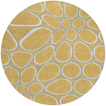 8' Gold Gray And Ivory Round Abstract Washable Indoor Outdoor Area Rug
