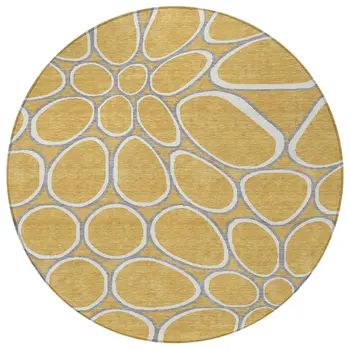 8' Gold Gray And Ivory Round Abstract Washable Indoor Outdoor Area Rug