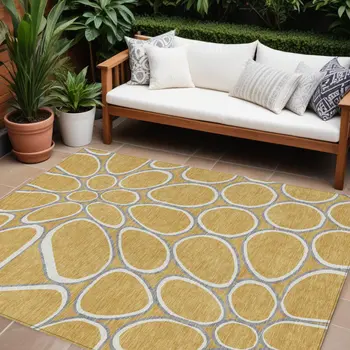 9' X 12' Gold Gray And Ivory Abstract Washable Indoor Outdoor Area Rug