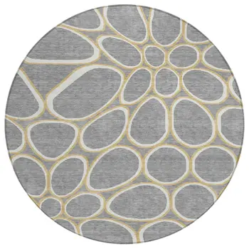 8' Gray Ivory And Beige Round Abstract Washable Indoor Outdoor Area Rug