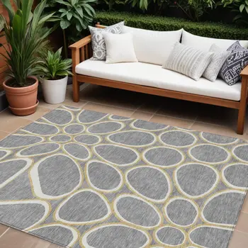 8' X 10' Gray Ivory And Beige Abstract Washable Indoor Outdoor Area Rug