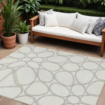10' X 14' Ivory And Gray Abstract Washable Indoor Outdoor Area Rug