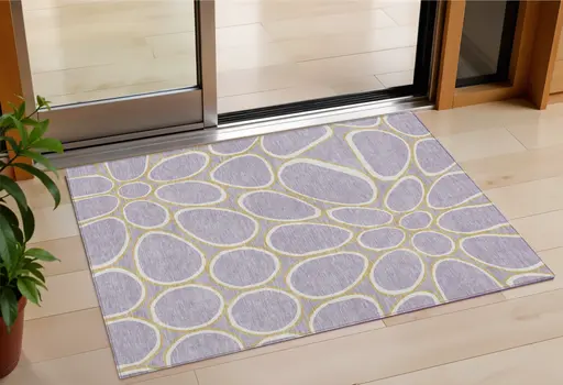 3' X 5' Lavender Ivory And Gold Abstract Washable Indoor Outdoor Area Rug