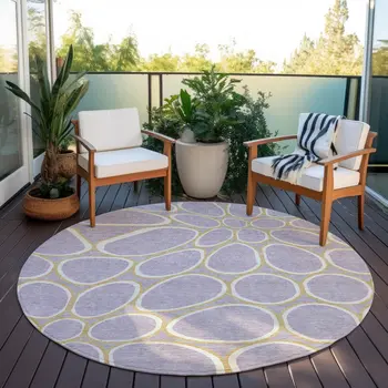 8' Lavender Ivory And Gold Round Abstract Washable Indoor Outdoor Area Rug