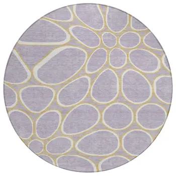 8' Lavender Ivory And Gold Round Abstract Washable Indoor Outdoor Area Rug