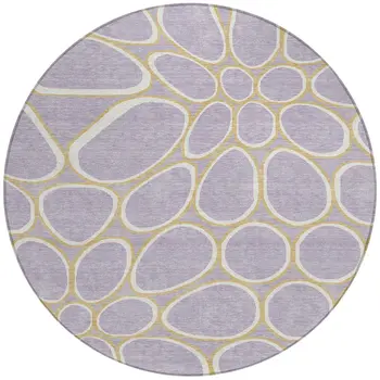 8' Lavender Ivory And Gold Round Abstract Washable Indoor Outdoor Area Rug