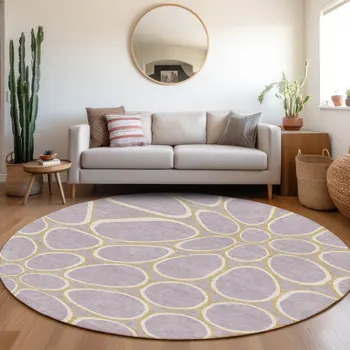 8' Lavender Ivory And Gold Round Abstract Washable Indoor Outdoor Area Rug