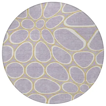 8' Lavender Ivory And Gold Round Abstract Washable Indoor Outdoor Area Rug