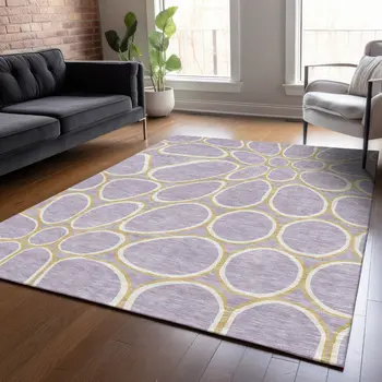 8' X 10' Lavender Ivory And Gold Abstract Washable Indoor Outdoor Area Rug