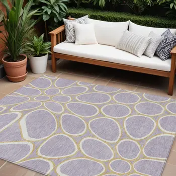 10' X 14' Lavender Ivory And Gold Abstract Washable Indoor Outdoor Area Rug
