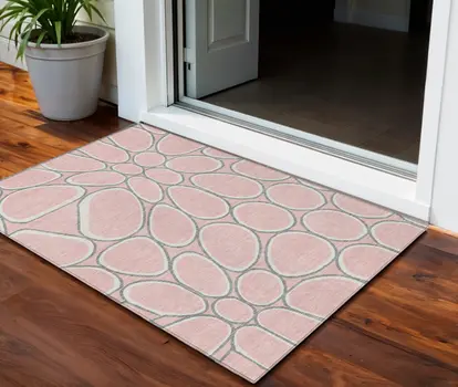 3' X 5' Pink Gray And Ivory Abstract Washable Indoor Outdoor Area Rug