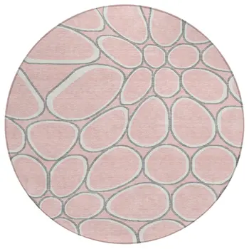 8' Pink Gray And Ivory Round Abstract Washable Indoor Outdoor Area Rug
