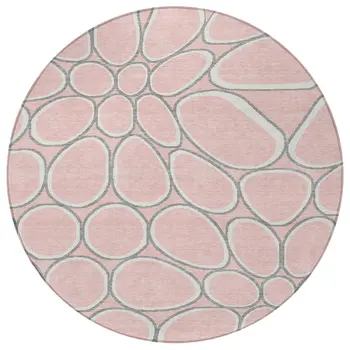 8' Pink Gray And Ivory Round Abstract Washable Indoor Outdoor Area Rug