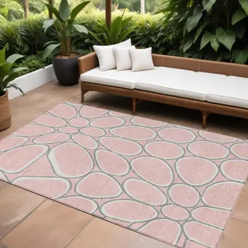 8' X 10' Pink Gray And Ivory Abstract Washable Indoor Outdoor Area Rug