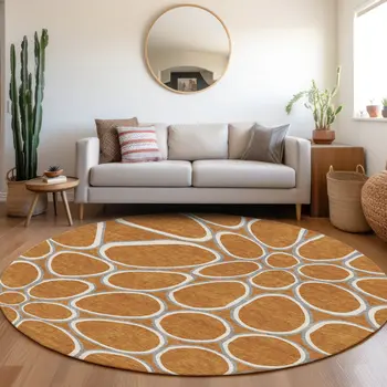 8' Copper Gray And Ivory Round Abstract Washable Indoor Outdoor Area Rug