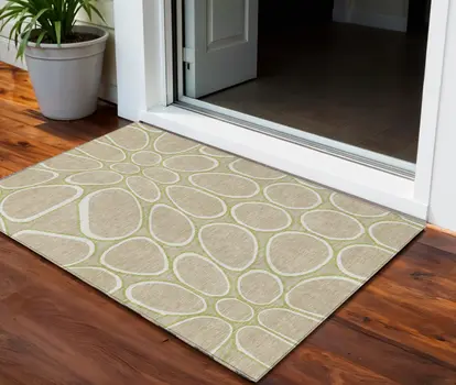 3' X 5' Tan Ivory And Green Abstract Washable Indoor Outdoor Area Rug
