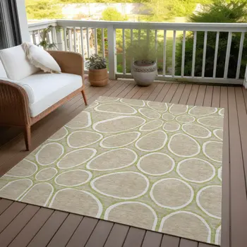 3' X 5' Tan Ivory And Green Abstract Washable Indoor Outdoor Area Rug