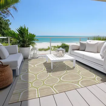 3' X 5' Tan Ivory And Green Abstract Washable Indoor Outdoor Area Rug