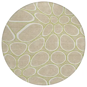 8' Tan Ivory And Green Round Abstract Washable Indoor Outdoor Area Rug