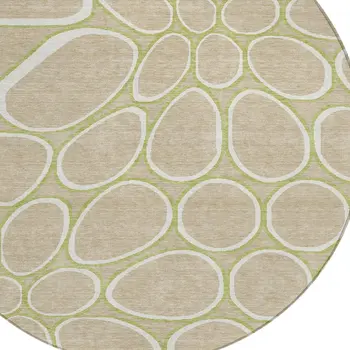 8' Tan Ivory And Green Round Abstract Washable Indoor Outdoor Area Rug