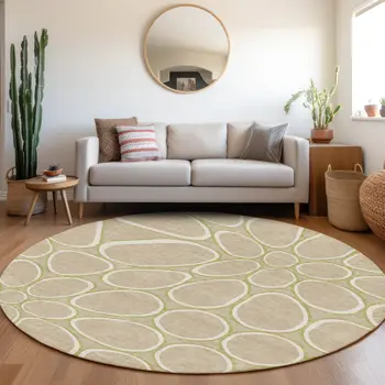 8' Tan Ivory And Green Round Abstract Washable Indoor Outdoor Area Rug