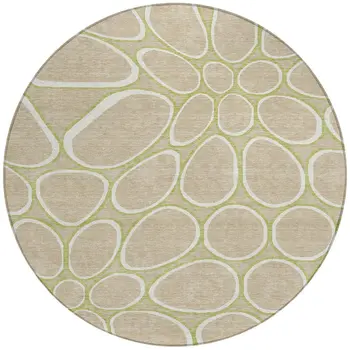 8' Tan Ivory And Green Round Abstract Washable Indoor Outdoor Area Rug