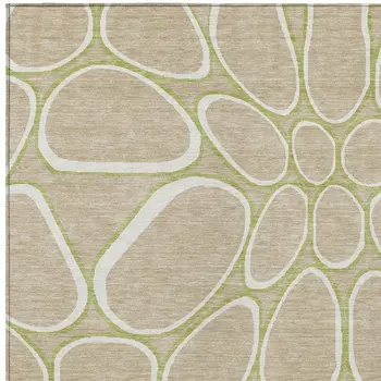 8' X 10' Tan Ivory And Green Abstract Washable Indoor Outdoor Area Rug