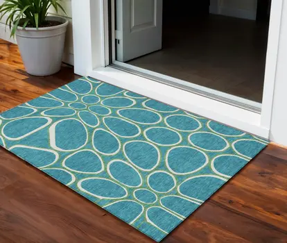 3' X 5' Teal Blue Ivory And Green Abstract Washable Indoor Outdoor Area Rug