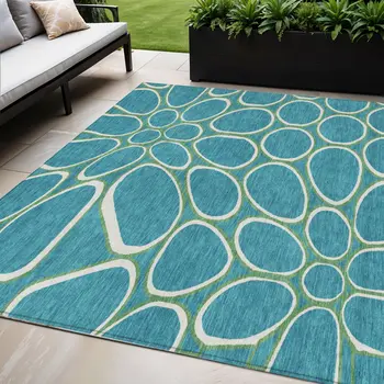 5' X 8' Teal Blue Ivory And Green Abstract Washable Indoor Outdoor Area Rug