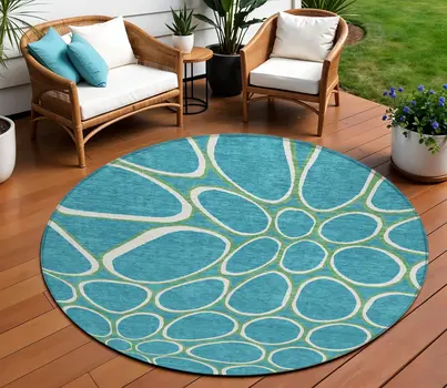 8' Teal Blue Ivory And Green Round Abstract Washable Indoor Outdoor Area Rug