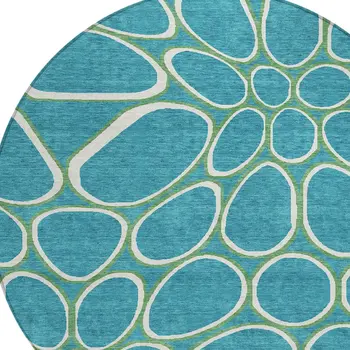 8' Teal Blue Ivory And Green Round Abstract Washable Indoor Outdoor Area Rug