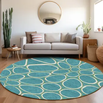 8' Teal Blue Ivory And Green Round Abstract Washable Indoor Outdoor Area Rug