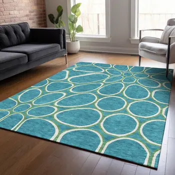 9' X 12' Teal Blue Ivory And Green Abstract Washable Indoor Outdoor Area Rug