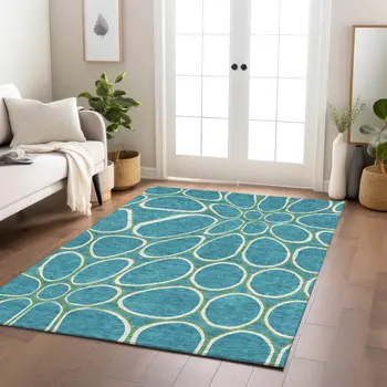 9' X 12' Teal Blue Ivory And Green Abstract Washable Indoor Outdoor Area Rug