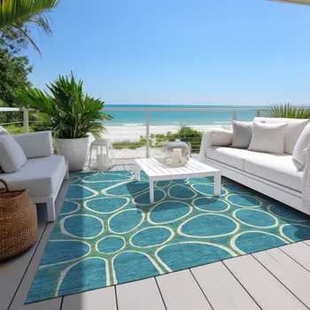 9' X 12' Teal Blue Ivory And Green Abstract Washable Indoor Outdoor Area Rug