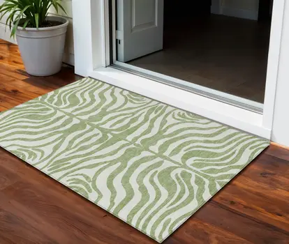 3' X 5' Artichoke Green And Ivory Animal Print Washable Indoor Outdoor Area Rug
