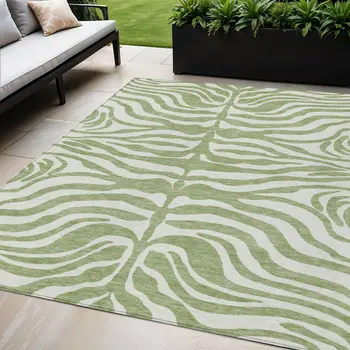 5' X 8' Artichoke Green And Ivory Animal Print Washable Indoor Outdoor Area Rug
