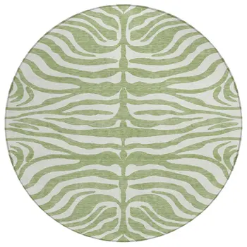 8' Artichoke Green And Ivory Round Animal Print Washable Indoor Outdoor Area Rug