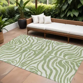 8' X 10' Artichoke Green And Ivory Animal Print Washable Indoor Outdoor Area Rug