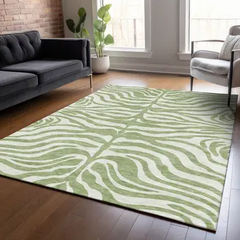 10' X 14' Artichoke Green And Ivory Animal Print Washable Indoor Outdoor Area Rug