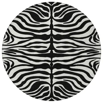 8' Black And Ivory Round Animal Print Washable Indoor Outdoor Area Rug