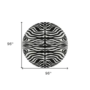8' Black And Ivory Round Animal Print Washable Indoor Outdoor Area Rug