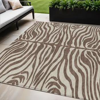 5' X 8' Brown And Beige Animal Print Washable Indoor Outdoor Area Rug