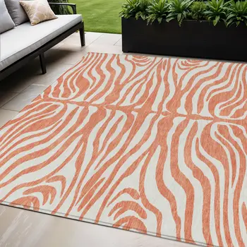 5' X 8' Coral And Ivory Animal Print Washable Indoor Outdoor Area Rug