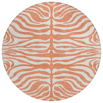 8' Coral And Ivory Round Animal Print Washable Indoor Outdoor Area Rug