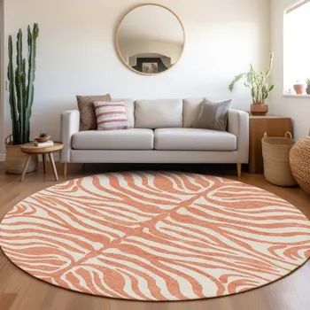 8' Coral And Ivory Round Animal Print Washable Indoor Outdoor Area Rug