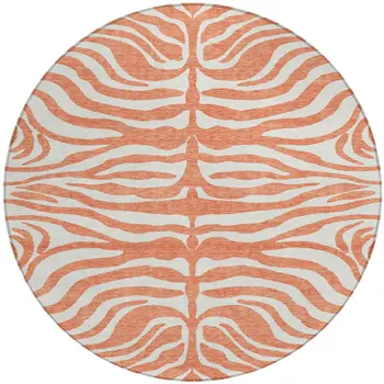 8' Coral And Ivory Round Animal Print Washable Indoor Outdoor Area Rug