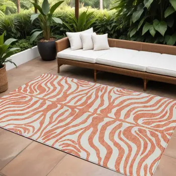 9' X 12' Coral And Ivory Animal Print Washable Indoor Outdoor Area Rug