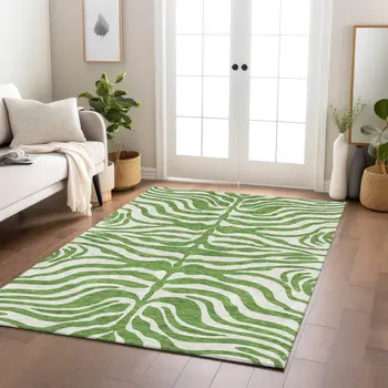 5' X 8' Green And Ivory Animal Print Washable Indoor Outdoor Area Rug