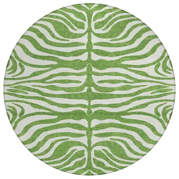 8' Green And Ivory Round Animal Print Washable Indoor Outdoor Area Rug